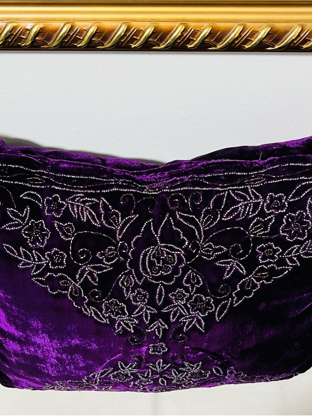 Embroidered beaded Velvet Decorative Pillow - Purple - Picture 2 of 11